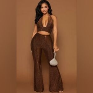 Backless Crop Glitter Halter Top & Flare Leg Pants